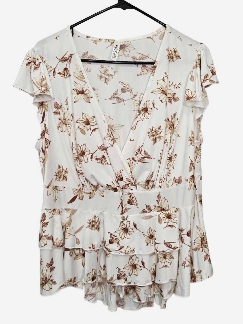 Haute Fox off white & brown floral babydoll top deep V-neck with ruffle detail